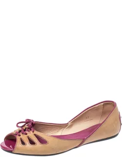 Leather And Patent Trim Peep Toe Ballet Flats