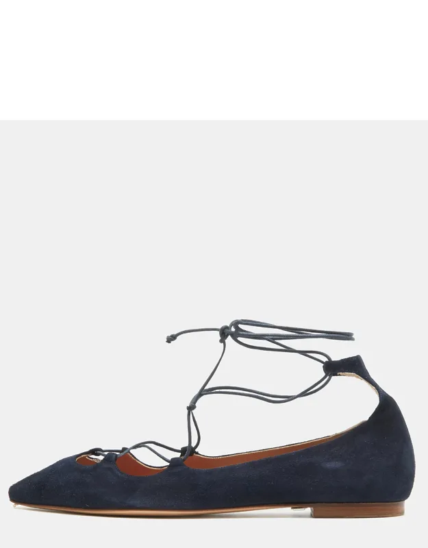 Suede Pointed Toe Tie Up Ballet Flats