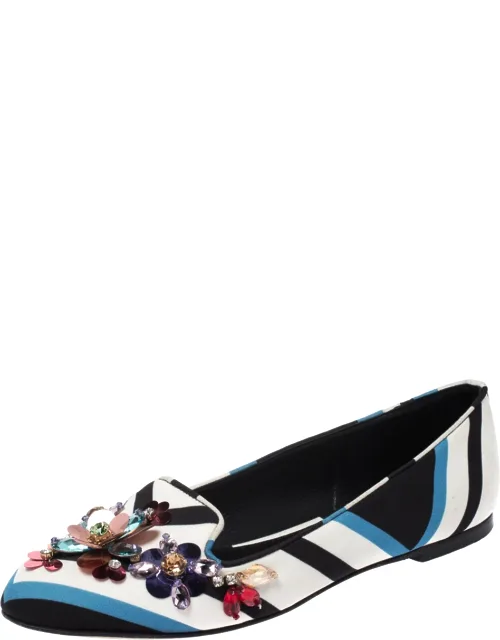 Multicolor Chevron Printed Fabric Crystal Embellished Pointed Toe Ballet Flats