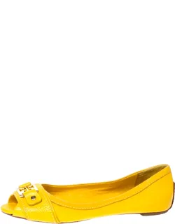 Mustard Leather Peep Toe Ballet Flats
