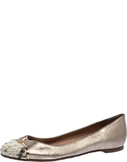 Metallic Gold Leather And Snake Print Cap Toe Bar Logo Ballet Flats