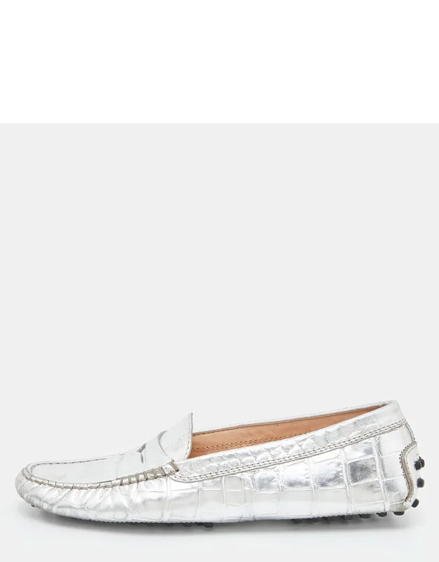 Silver Croc Embossed Leather Loafers