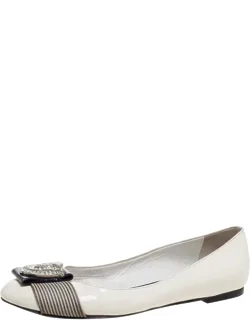 Patent Leather And Striped Fabric Crystal Embellished Ballet Flats