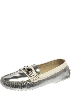 Silver And White Patent And Leather Logo Buckle Loafers