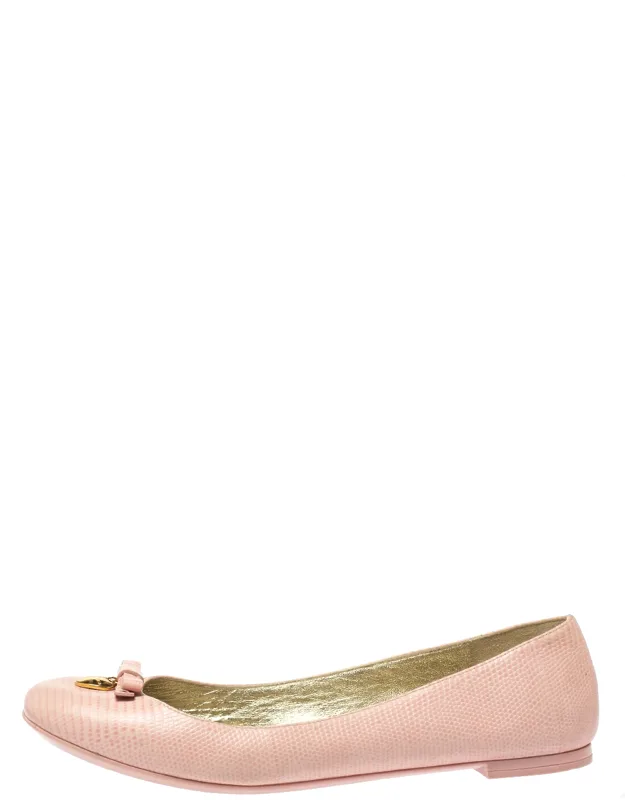 Lizard Embossed Leather Bow Detail Ballet Flats