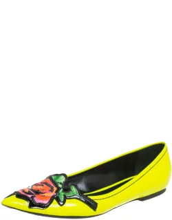 Leather Flower Embellished Pointed Ballet Flats