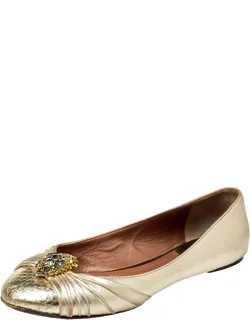 Metallic Gold Leather Snake Head Crystal Embellished Ballet Flats