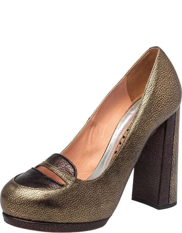 Metallic Leather Block Heel Loafer Pumps