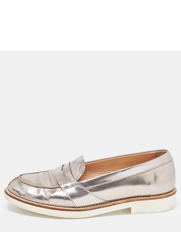 Metallic Silver Leather Penny Loafers