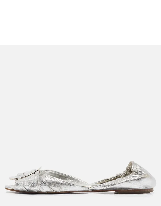 Silver Leather Open Toe Ballet Flats