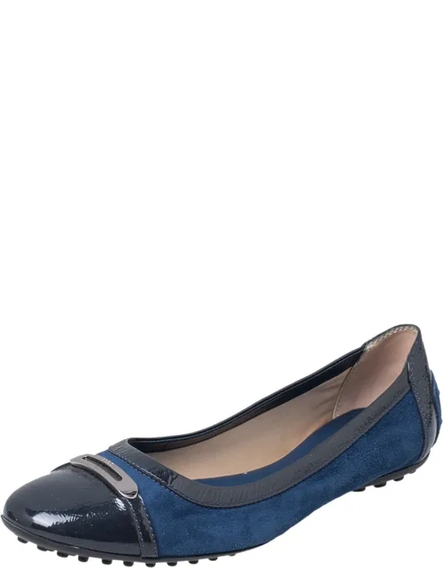 Suede And Patent Leather Embellished Cap Toe Ballet Flats