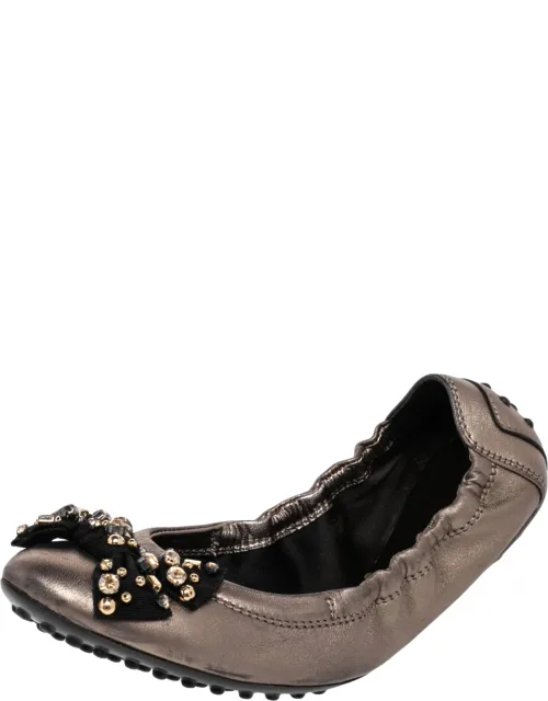Leather Crystal Embellished Bow Ballet Flats