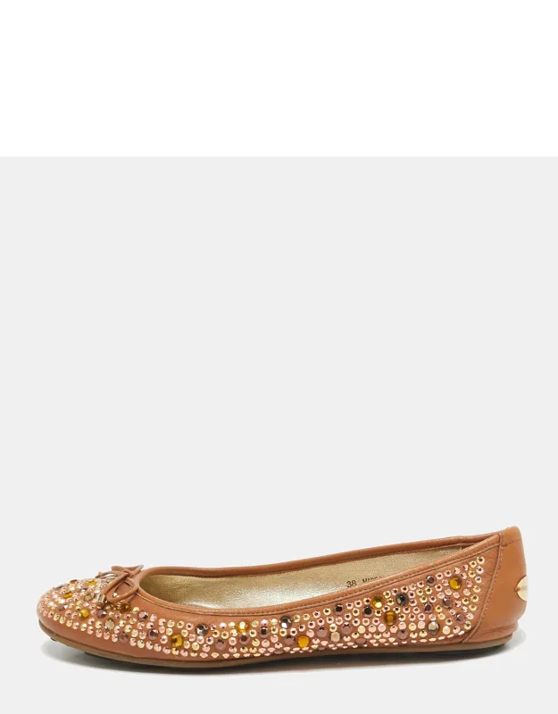Leather Crystal Embellished Ballet Flats