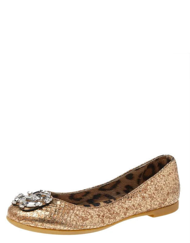 Metallic Gold Python Embossed Leather Logo Embellished Ballet Flats