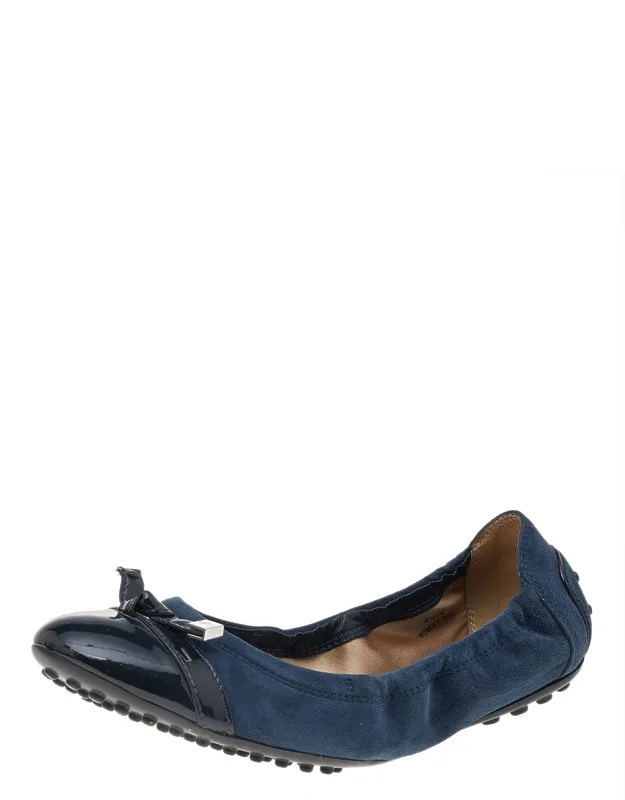 Suede And Patent Leather Trim Toe Cap Scrunch Ballet Flats