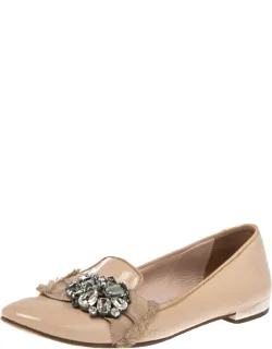 Nude Patent Leather Crystals Bow Ballet Flats