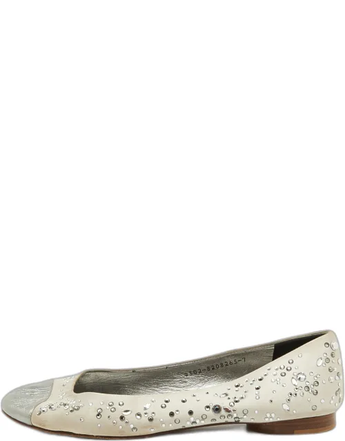 Light Grey/silver Satin And Leather Crystal Embellished Ballet Flats