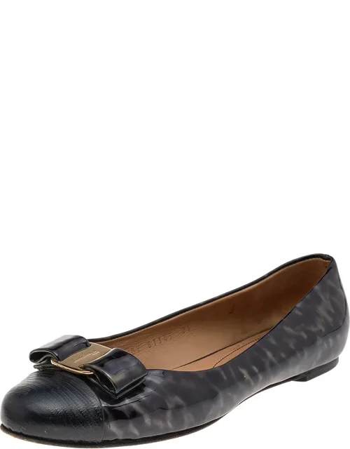 Two Tone Patent Leather And Lizard Embossed Leather Cap Toe Vara Bow Ballet Flats