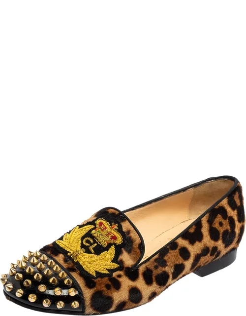 Leopard Print Calf Hair And Patent Leather Spike Loafers