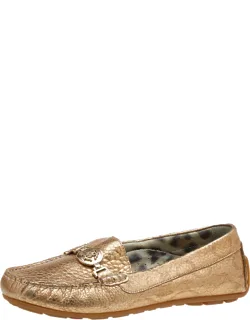 Metallic Gold Iridescent Effect Leather Embellished Slip On Loafers