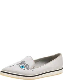 Silver Fabric Eye Motif Iris Slip On Loafers