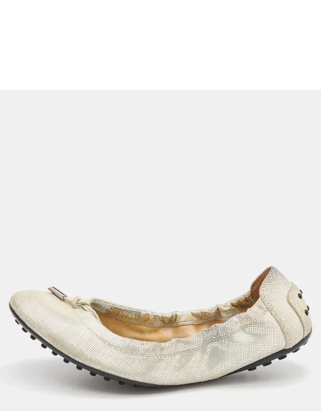 Silver Textured Nubuck Leather Bow Scrunch Ballet Flats