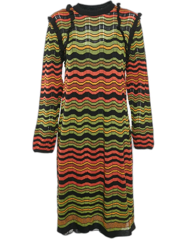 Multicolor Patterned Knit Ruffled Midi Dress