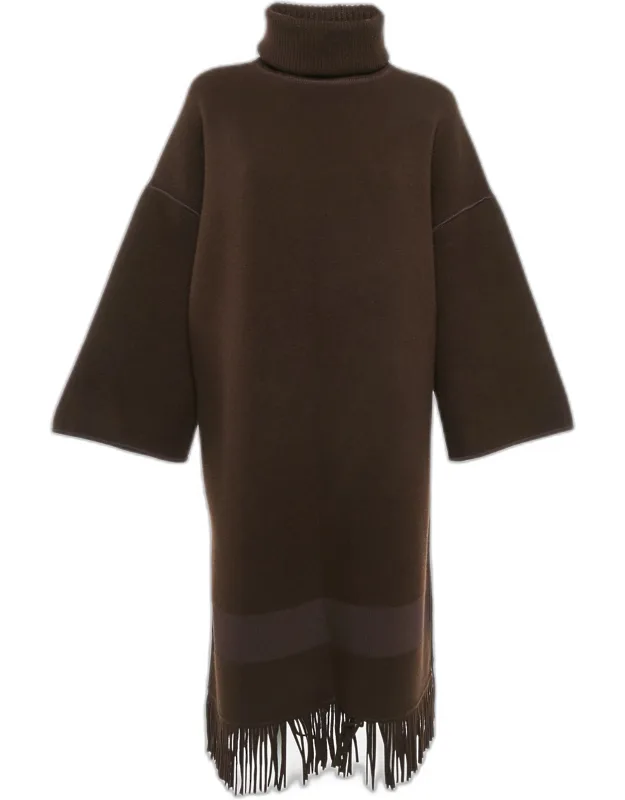 Wool Knit Fringed Turtle-neck Poncho Coat