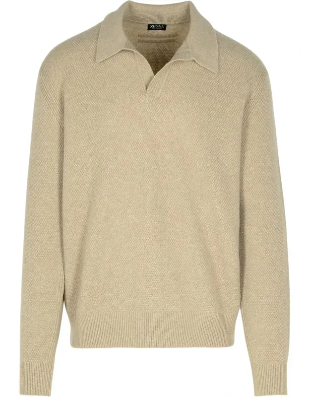 Zegna Cashmere Sweater With Open Polo Collar And Ribbed Joint Knitting