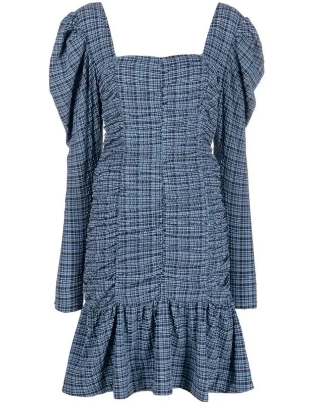 Stretch Seersucker Gathered Mini Dress