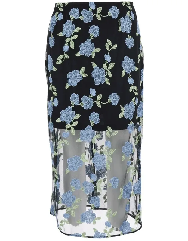 Pencil Skirt With Mesh Panels And All-over Floral Motif In Tech Fabric