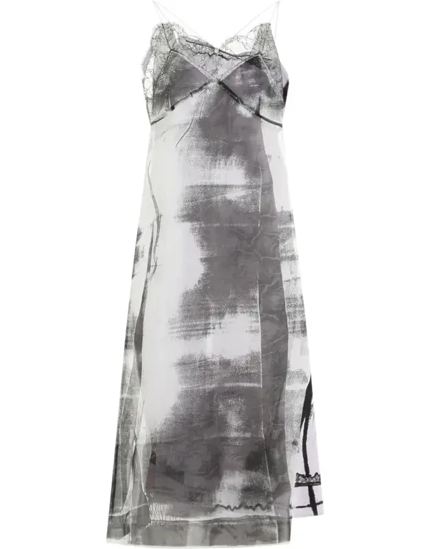 Dress With Black Contrasting Print And V-neckline With Lace Trim