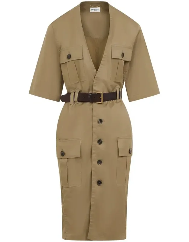Dress With Flap Buttoned Pockets And Contrasting Brown Belt