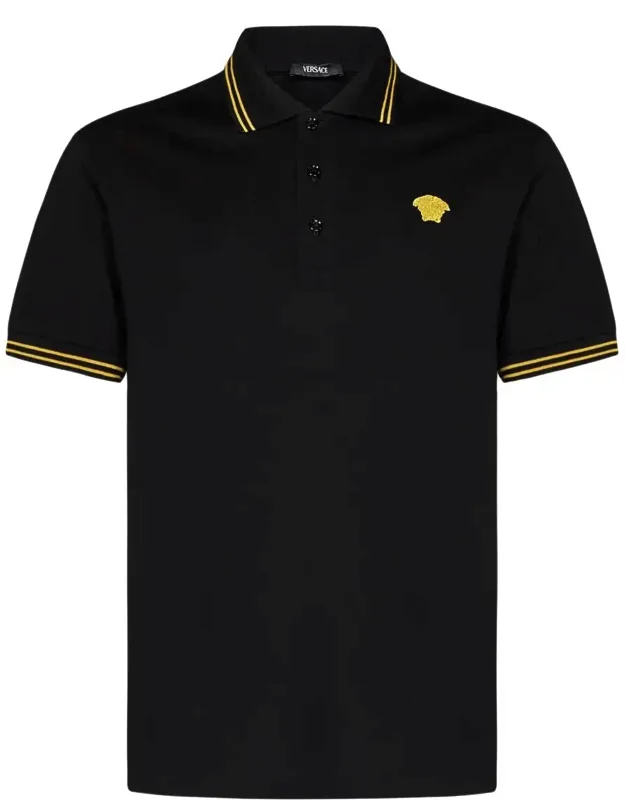 Medusa Polo Shirt With Ribbed Collar And Yellow Embroidery