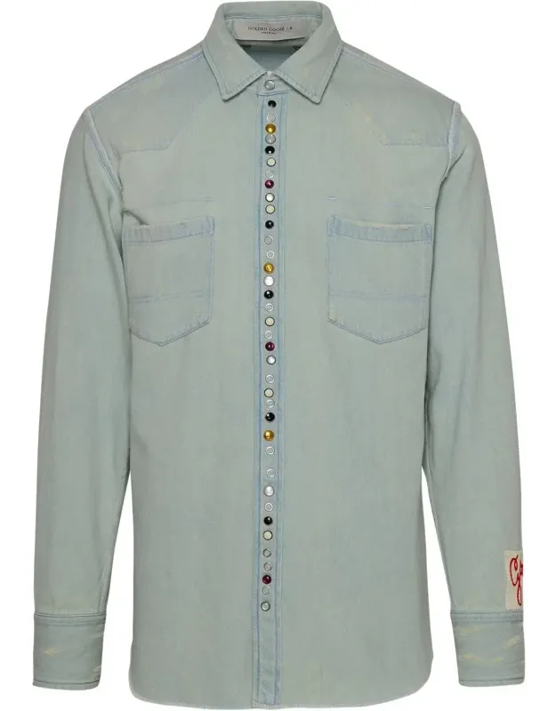 Golden Goose Light Blue Denim Shirt With Pointed Collar And Patch Pockets