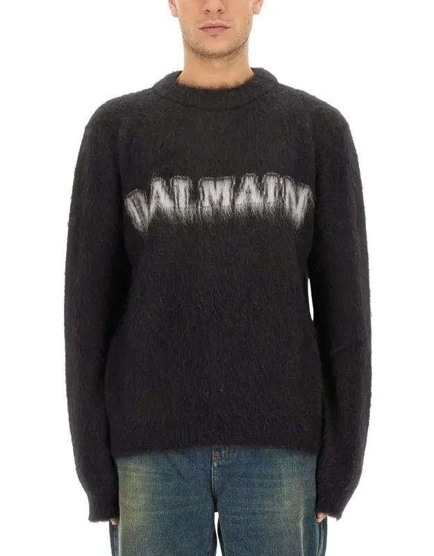 _balmain Retro Logo Pullover, Regular Fit, 60% Mohair, 25% Nylon, 11% Virgin Wool, 4% Wool_