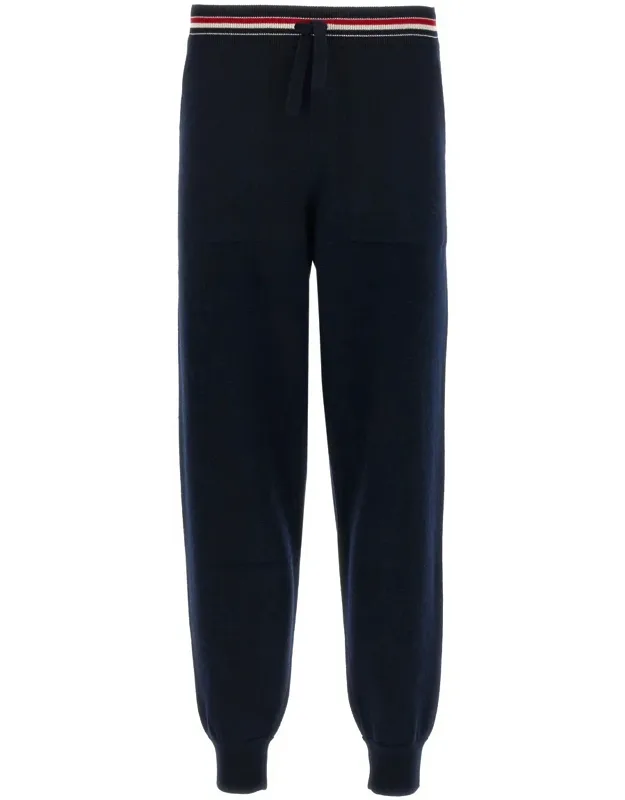 Navy Blue Wool Pants With Elasticized Waist And Ribbed Hem