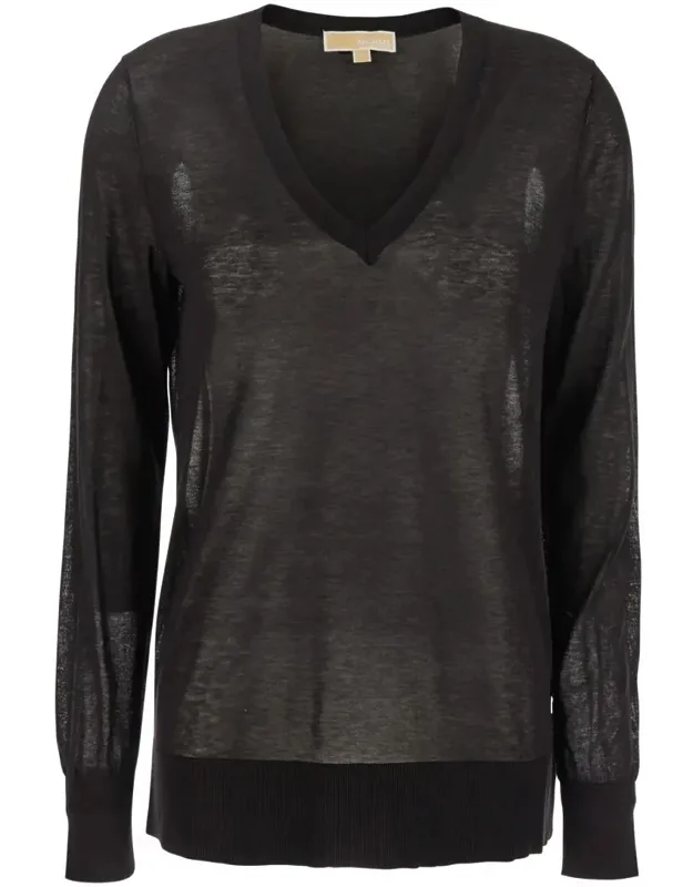 T-shirt With V Neck And Ribbed Trims In Cotton And Silk Blend