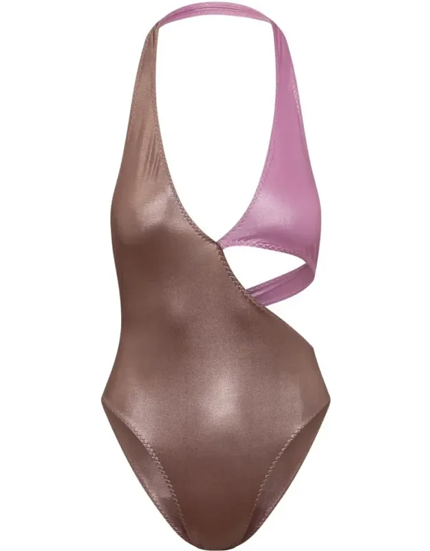 One Piece Swimsuit With Shiny Techno And American-style Collar