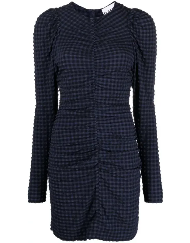Stretch Seersucker O-neck Mini Dress