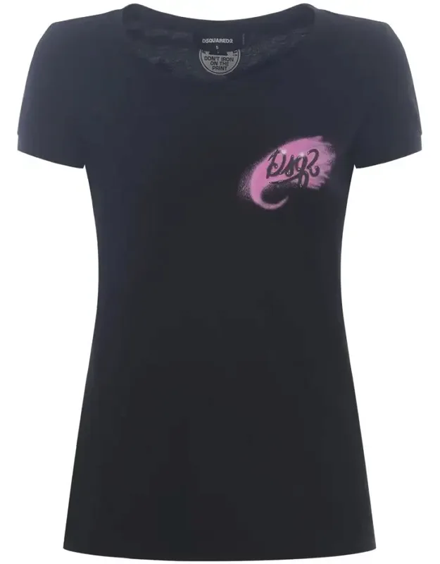 T-shirt Black Cotton Jersey, Wide Ribbed Crew Neck