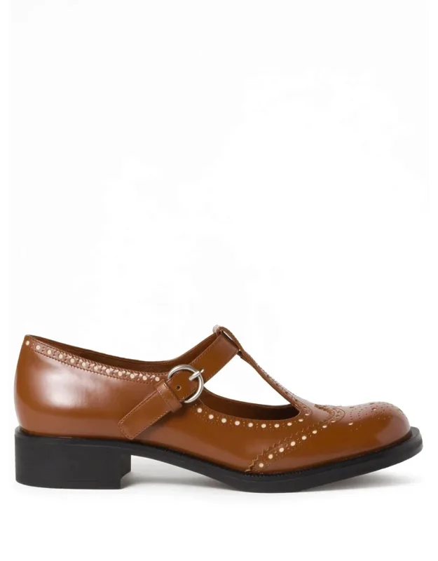 Brushed Leather T-strap Brogue Shoes