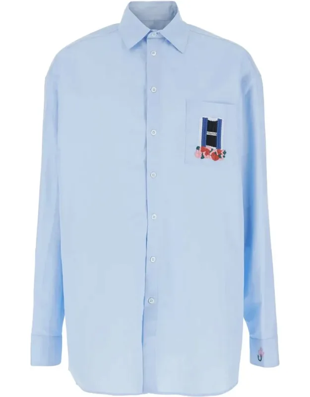 Light Blue Shirt With Classic Collar And Embroidery Detail On Front And Cuff In Linen And Cotton Blend