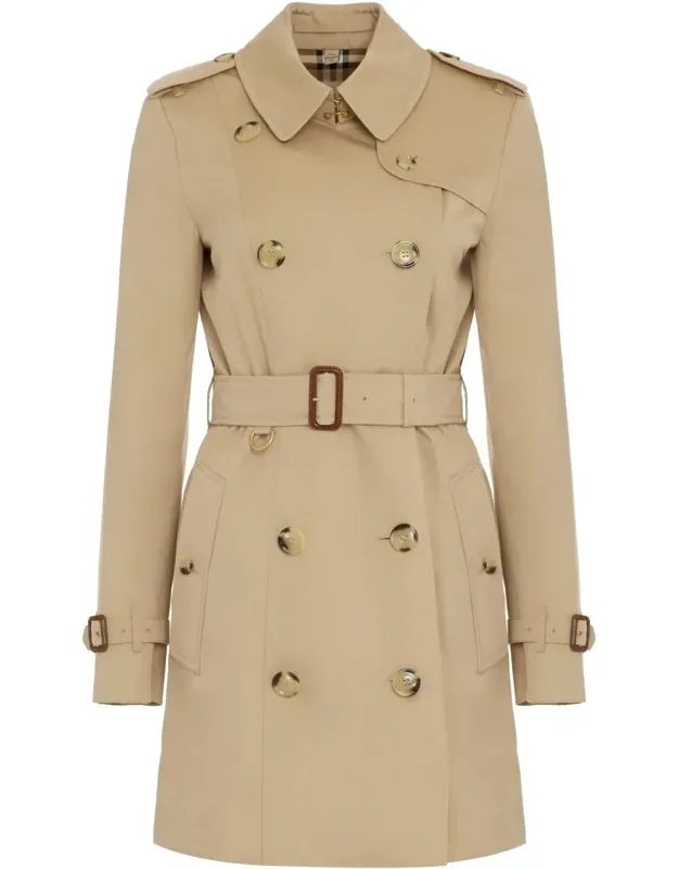 Gabardine Trench Coat With Hook-and-eye Collar Closure And Waist Belt