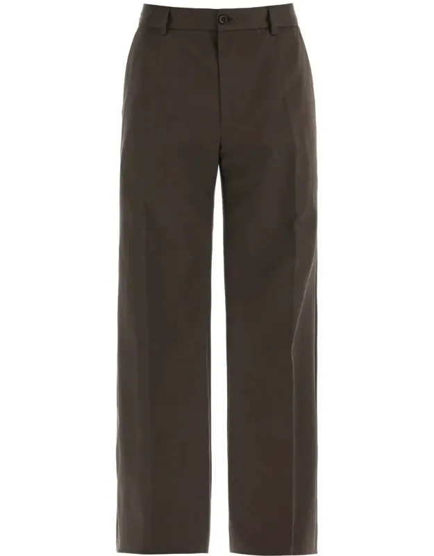_tailored Cotton Trousers With Wide Flared Leg And Pressed Creases_