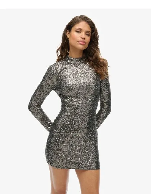 Sequinned Mock Neck Mini Dress