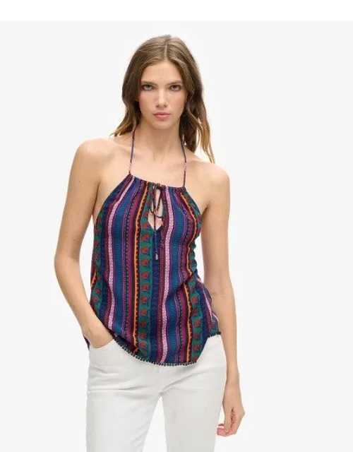 Printed Beach Halter Top / Vera Stripe - Tie Up Halter Neck, Lace Trims