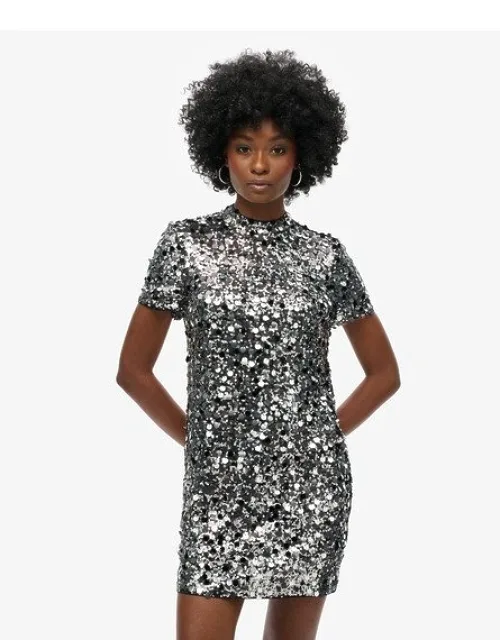 Superdry Sequin T-shirt Mini Dress With Relaxed Fit And High Neck