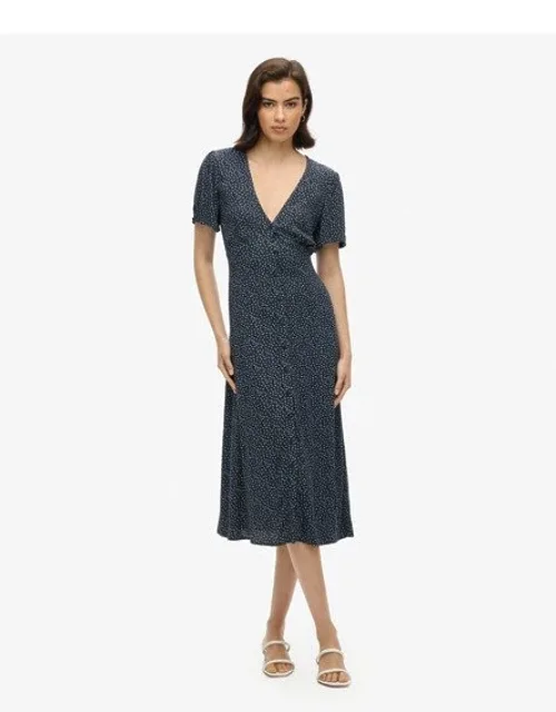 Printed Button-up Short Sleeve Midi Tea Dress