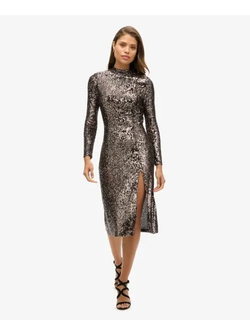Superdry Backless Sequin Midi Dress / Silver/bronze Sequin Slim Fit & Button Fastening